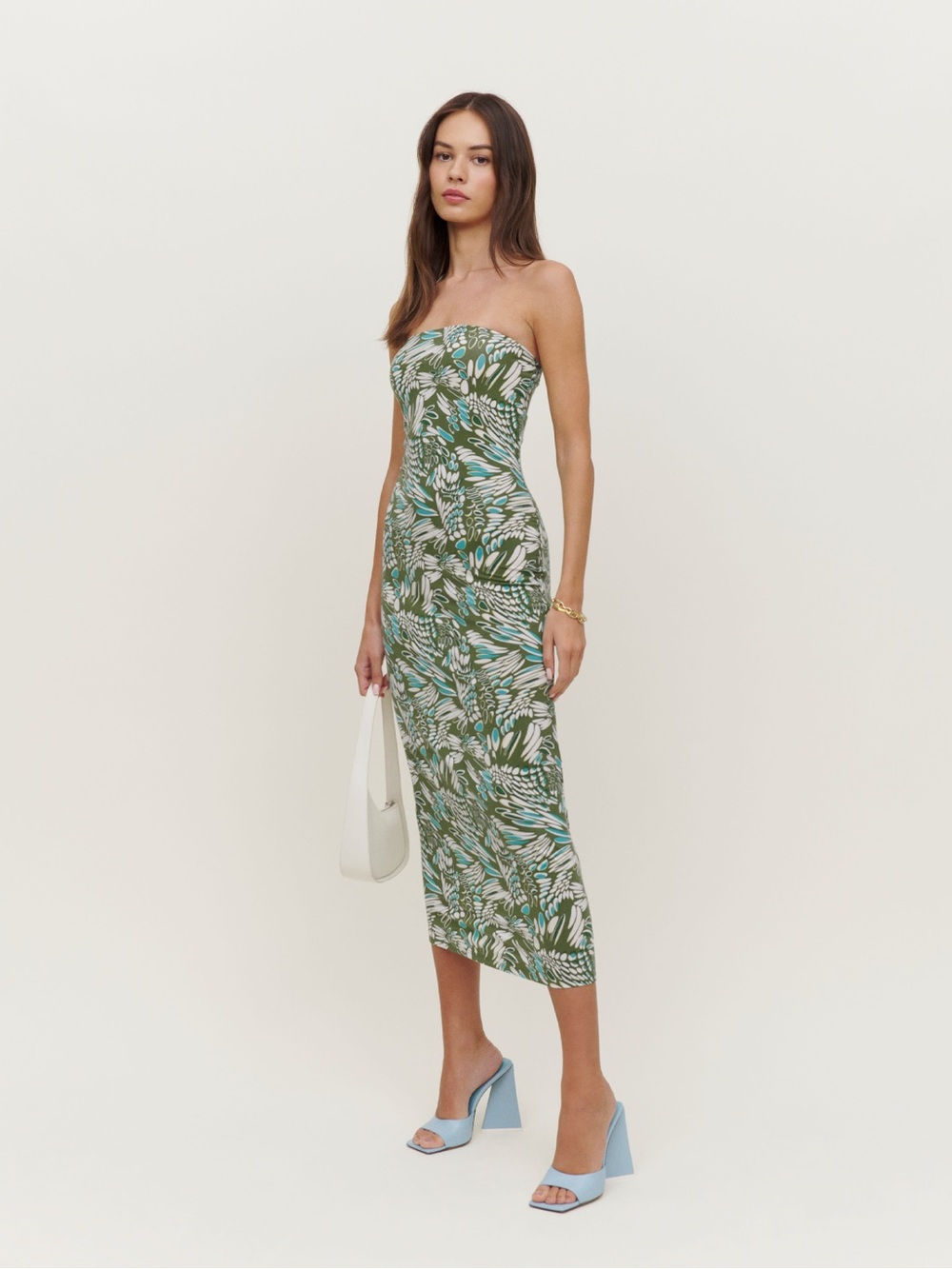 NWT Reformation Strapless Olive Green & Teal Botanical Maxi Dress